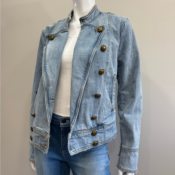 Free People Double-Breasted Military Moto Light Blue Denim Jean Jacket Band - Picture 3 of 9